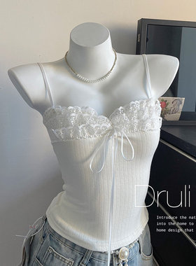 纯欲辣妹蕾丝花边背心吊带女夏季新款设计感系带打底修身显瘦上衣