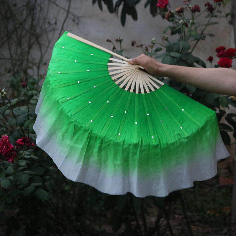 牡丹花与放羊娃舞蹈扇子跳舞道具绿色真丝倒染扇子飘头15公分扇骨