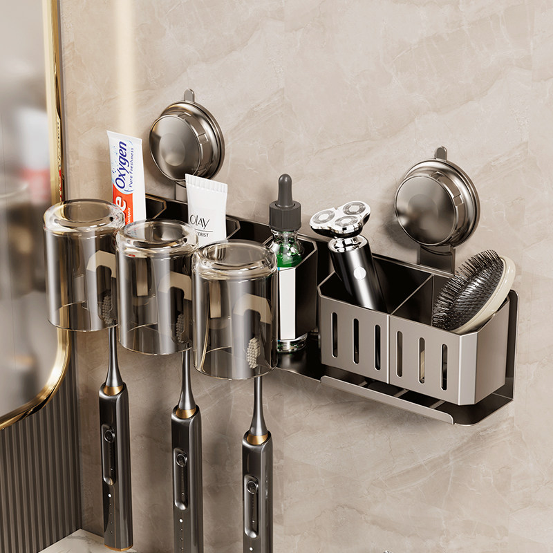 吸盘牙刷置物架免打孔卫浴置物架壁挂式漱口杯牙刷架一体式收纳架