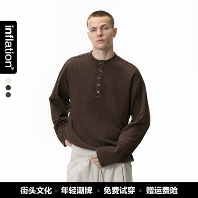inflation男装|老钱亨利领长袖T恤春夏潮牌休闲慵懒纯色男式上衣