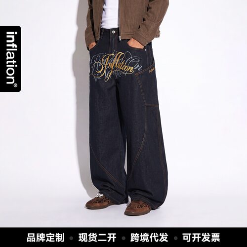 inflation男装|街头印花弯刀牛仔裤秋冬季潮牌美式撞色线休闲长裤