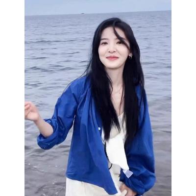 正品专柜难哄章若楠同款蓝色港风Polo领长袖衬衫女春夏设计感防晒