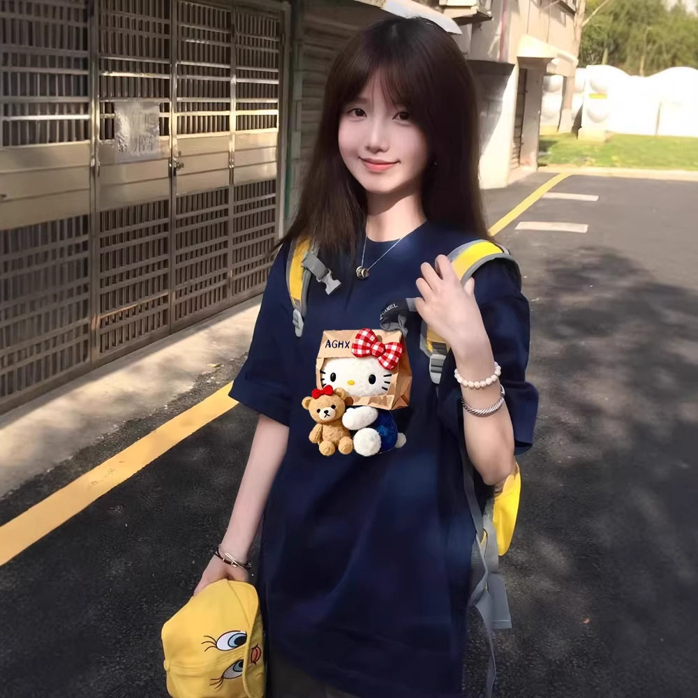 Kitty猫藏青色短袖t恤女夏2026新款初高中学生宽松慵懒风半袖上衣