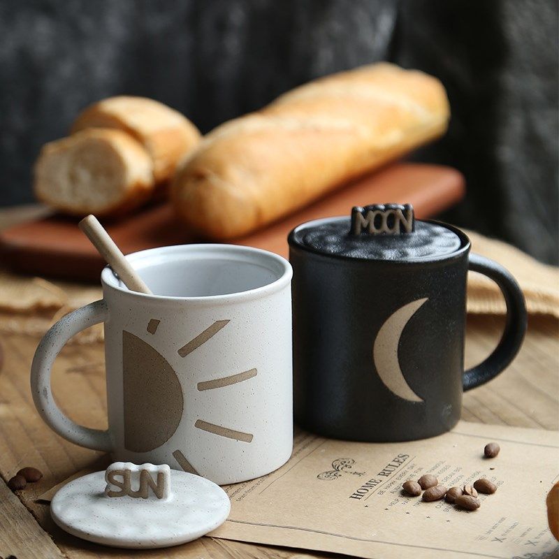 陶喜屋太阳月亮情侣款q马克杯带盖带勺子对杯一对水杯家用陶瓷杯