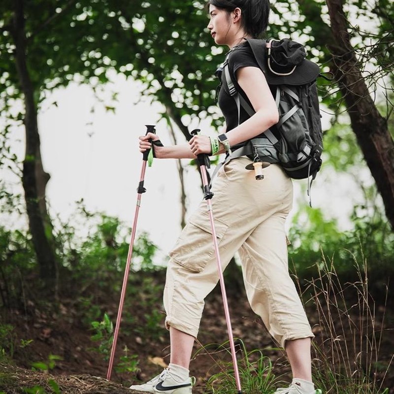 【女款粉色】超轻便携折叠登山杖铝合金伸缩徒步手杖户.外爬山装