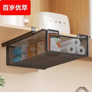 厨房吊柜门下置物架悬挂吊篮挂架分层储物架抽拉纸巾保鲜膜收纳架