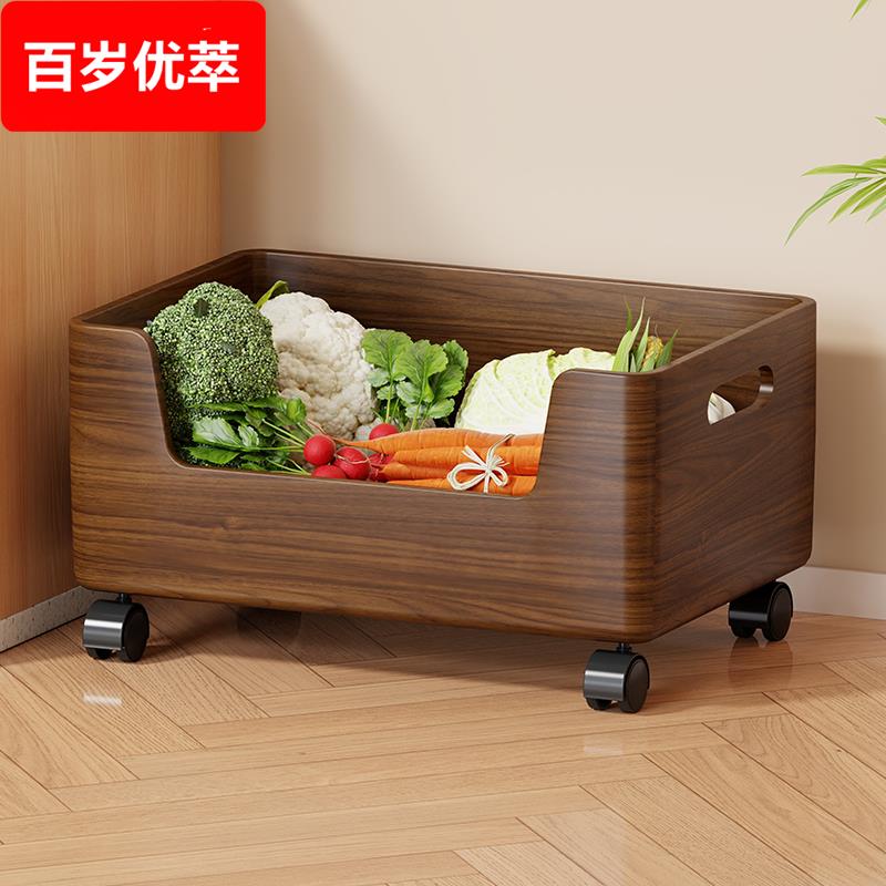 实木厨房蔬菜置物架果蔬零食收纳架菜篮带轮家用水果可移动储物筐