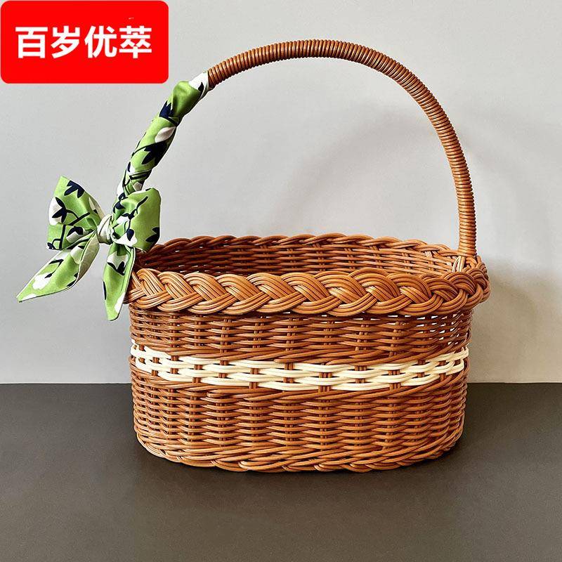 仿藤编制篮子手提伴手礼宝宝野餐收纳篮风塑料藤条编织水果篮