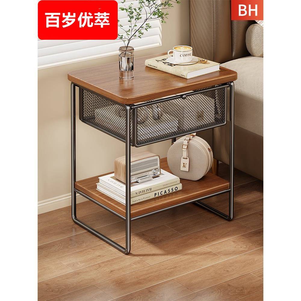 床头柜高级感分层带抽屉床边收纳柜家用卧室简易储物小型置物架子