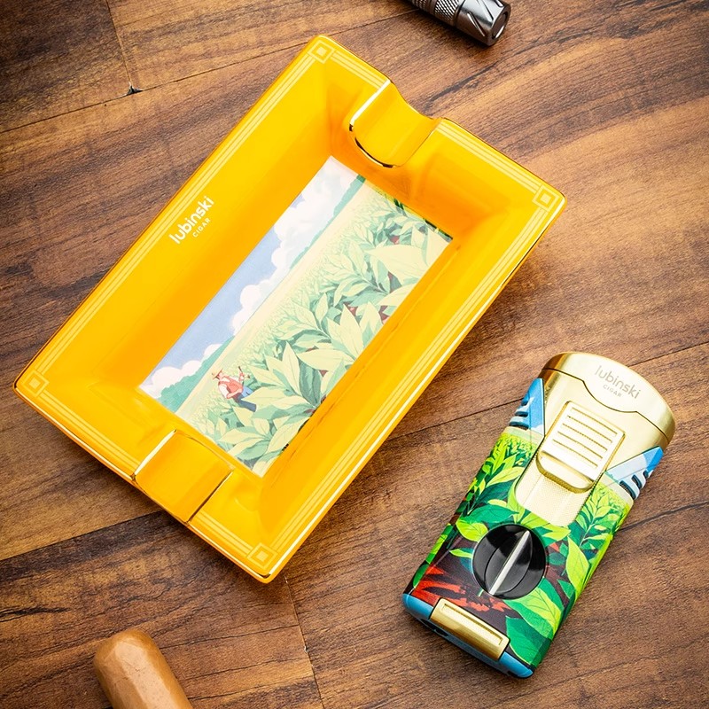正品德国雪茄烟灰缸骨瓷彩绘双烟槽防滑大容量烟灰缸打火机套装
