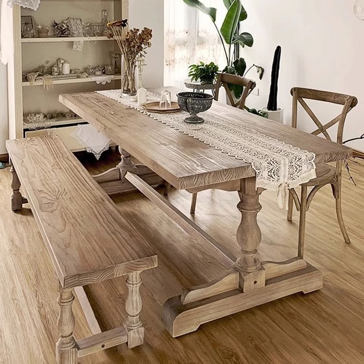 简约复古实木餐桌民宿田园罗马柱桌子原木餐台桌椅