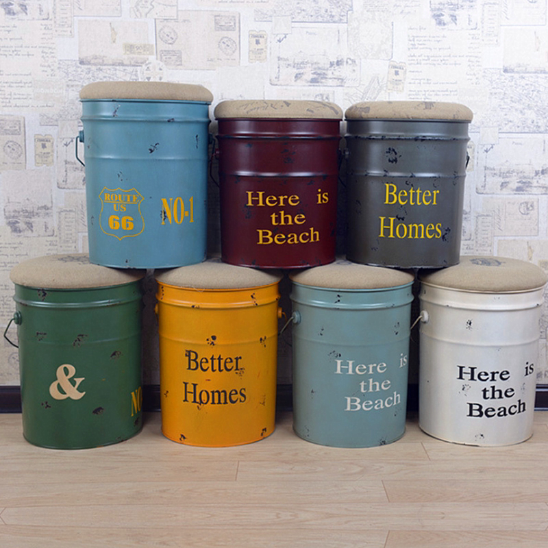 loft复古铁艺铁皮凳子美式油桶凳吧椅圆凳储物凳咖啡酒吧创意摆件