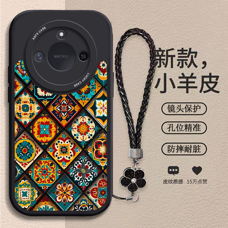 适用荣耀x60手机壳honor华为荣耀x60pro保护套女生新款x60i全包防摔x60por硅胶小羊皮荣曜x60橙黄图腾带手绳