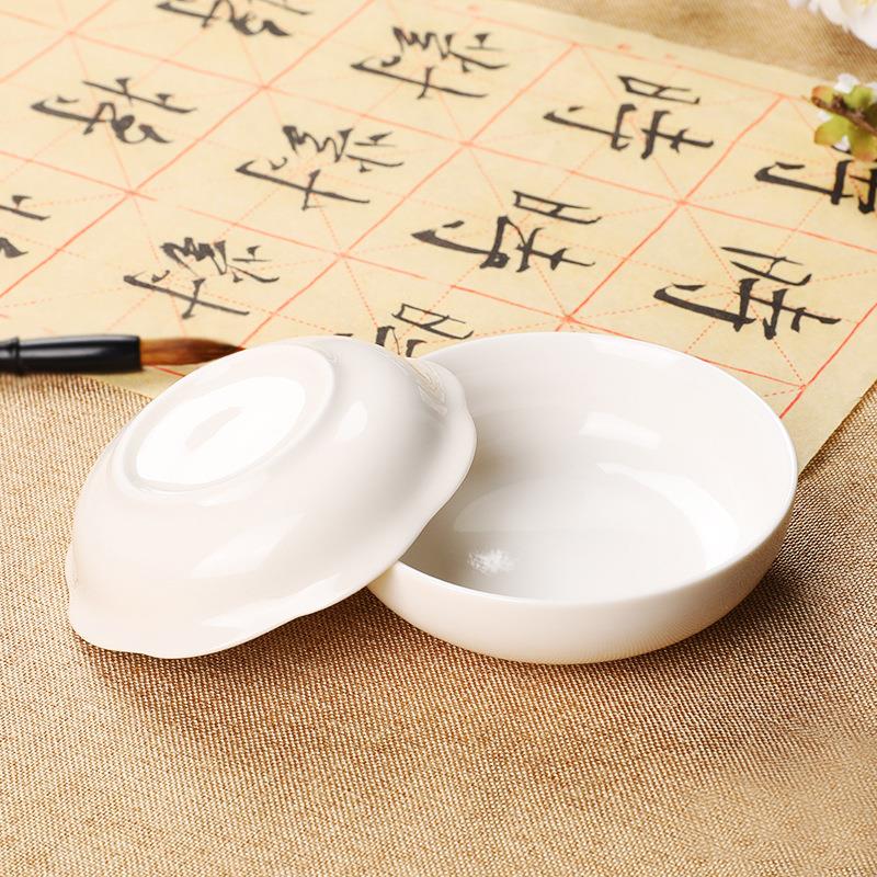 白色陶瓷墨碟加厚圆形装墨水的碟子国画颜料调色盘白瓷蝶文房四宝