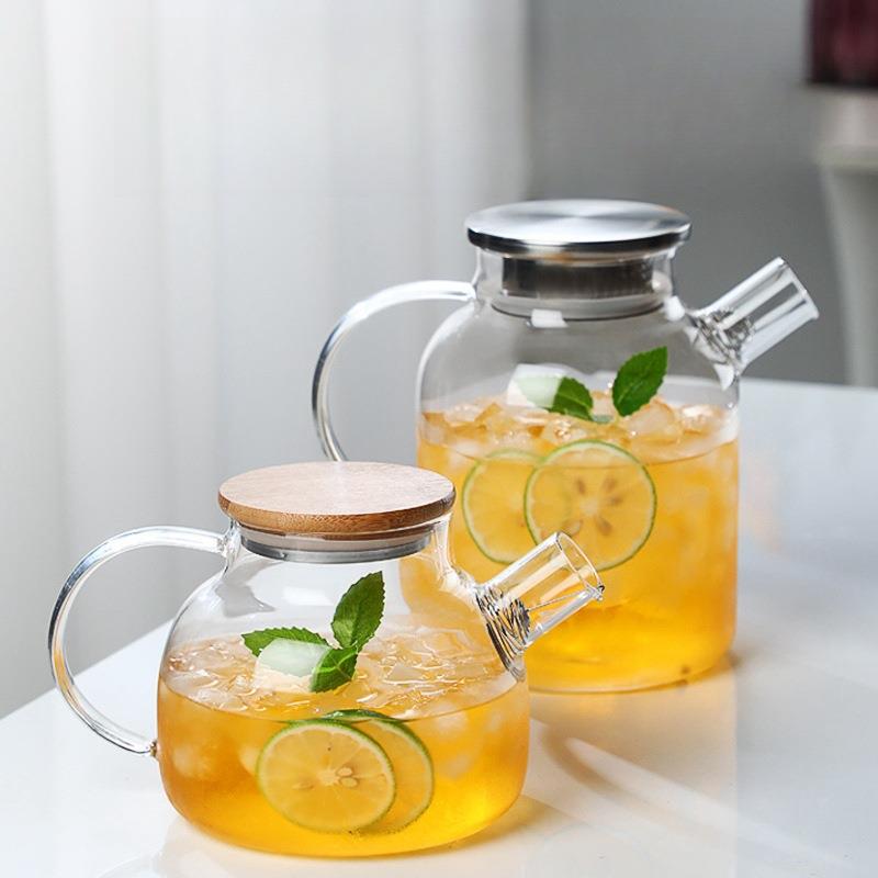 高硼硅耐热透明玻璃茶壶冷水壶家用玻璃泡茶壶耐热玻璃竹盖冷水壶