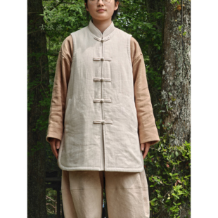 古依源亚麻棉长款纯棉花男女士秋冬季保暖中式立领盘扣马甲背心