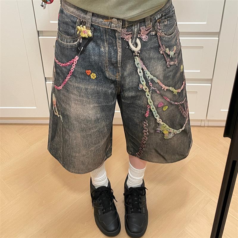 MMBBT重磅涂鸦印花水洗七分牛仔裤女夏季宽松百搭新款直筒裤子