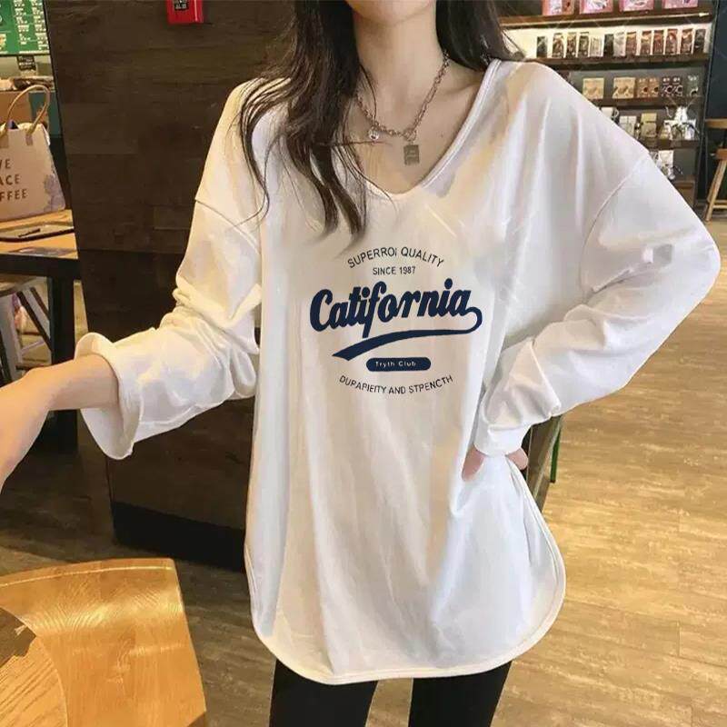 中长款纯棉长袖T恤女士2025春季新款洋气印花宽松慵懒磨毛打底衫