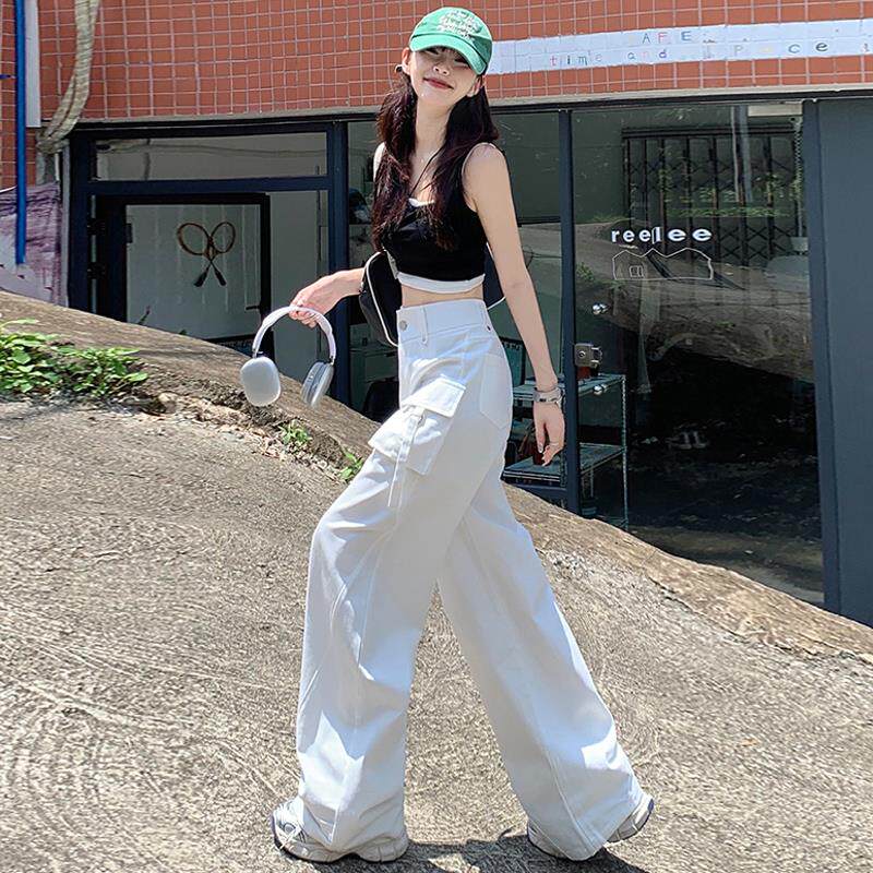 美式街头白色工装裤女2025春夏新款休闲高腰宽松显瘦阔腿牛仔裤子