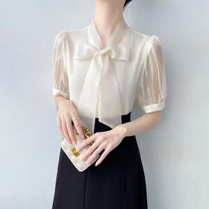 韩帛雅蝴蝶结飘带白色短袖衬衫女士夏季新款职业通勤法式气质上衣
