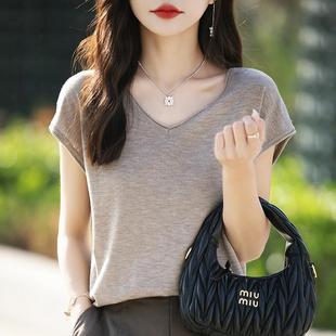 v领桑蚕丝短袖t恤女夏季新款薄款欧货高端天丝宽松夏天针织衫上衣