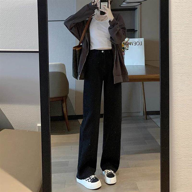 黑色窄版直筒牛仔裤女2025年春季新款高腰显瘦小个子阔腿烟管长裤