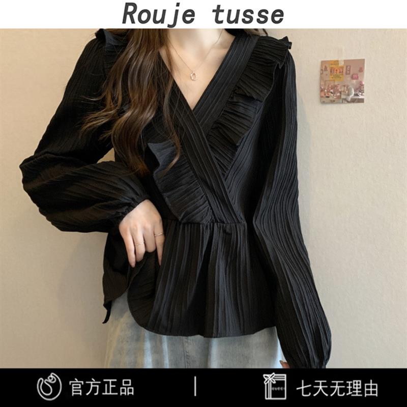 大码女装遮肚子荷叶边V领肌理感衬衫女胖MM百搭显瘦长袖藏肉上衣