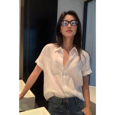 pusumede亚麻短袖衬衫女夏季设计感小众通勤宽松休闲衬衣气质上衣