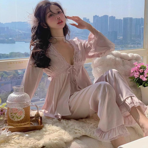 新款法式真丝甜美睡衣高级三件套