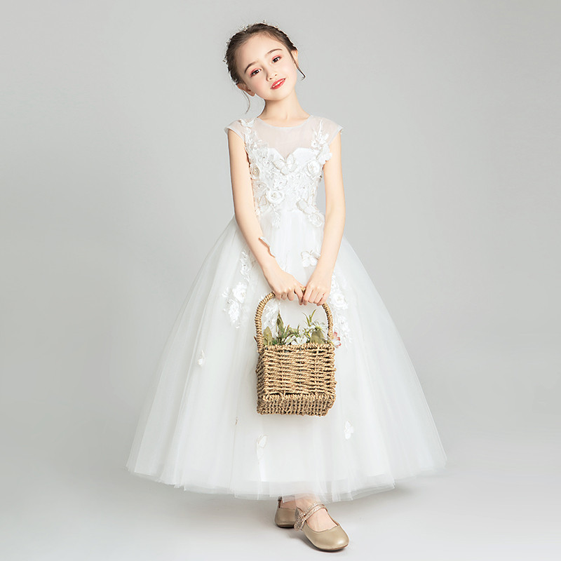 晚蓬蓬纱裙小女孩花童儿童公主白色秋冬