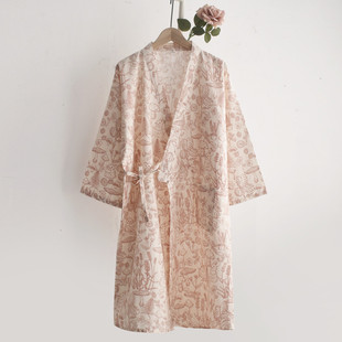 日式 系绳汗蒸浴袍家居服睡衣 和服睡袍女士春秋夏季 纯棉纱布薄款