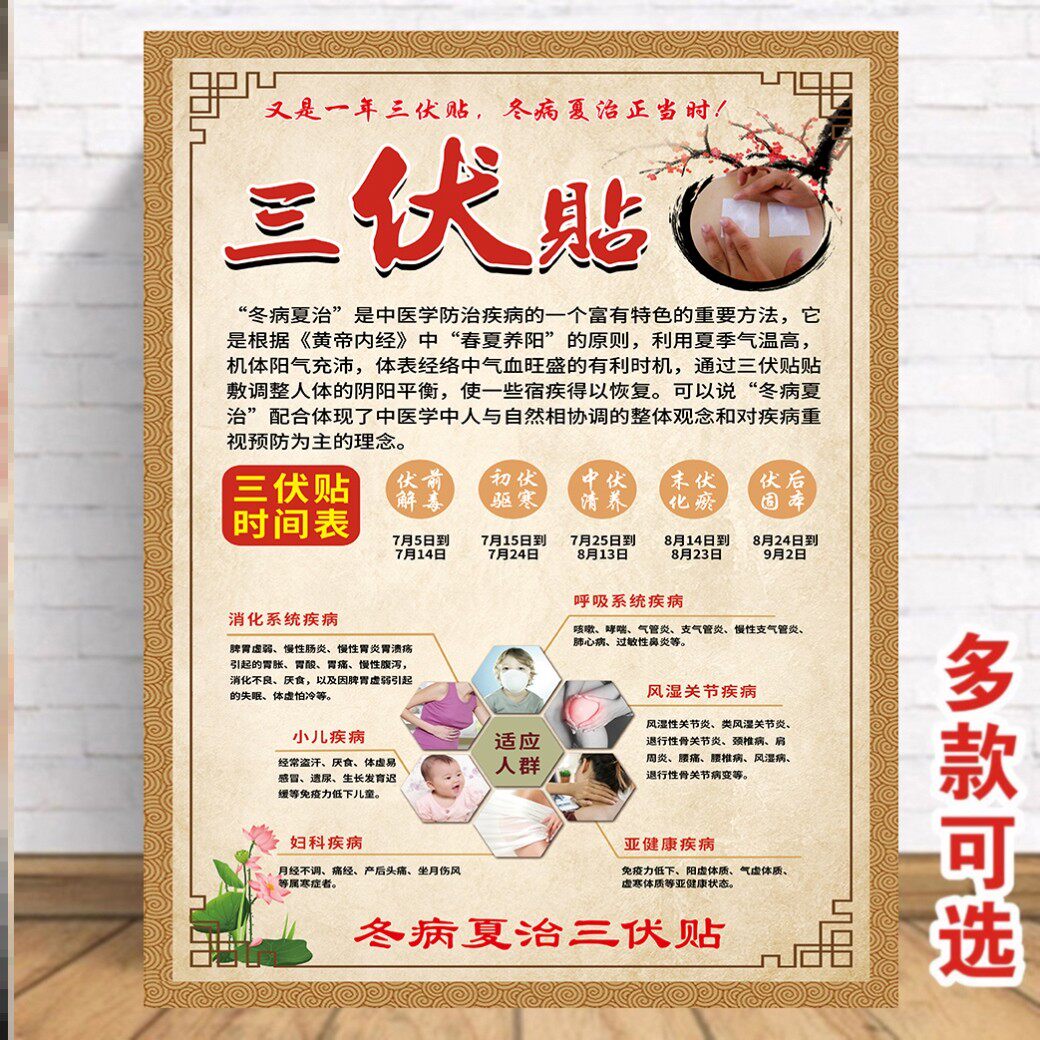 冬疗灸贴广告病夏墙三伏装饰画2024年三伏贴纸治理挂图宣传画海报