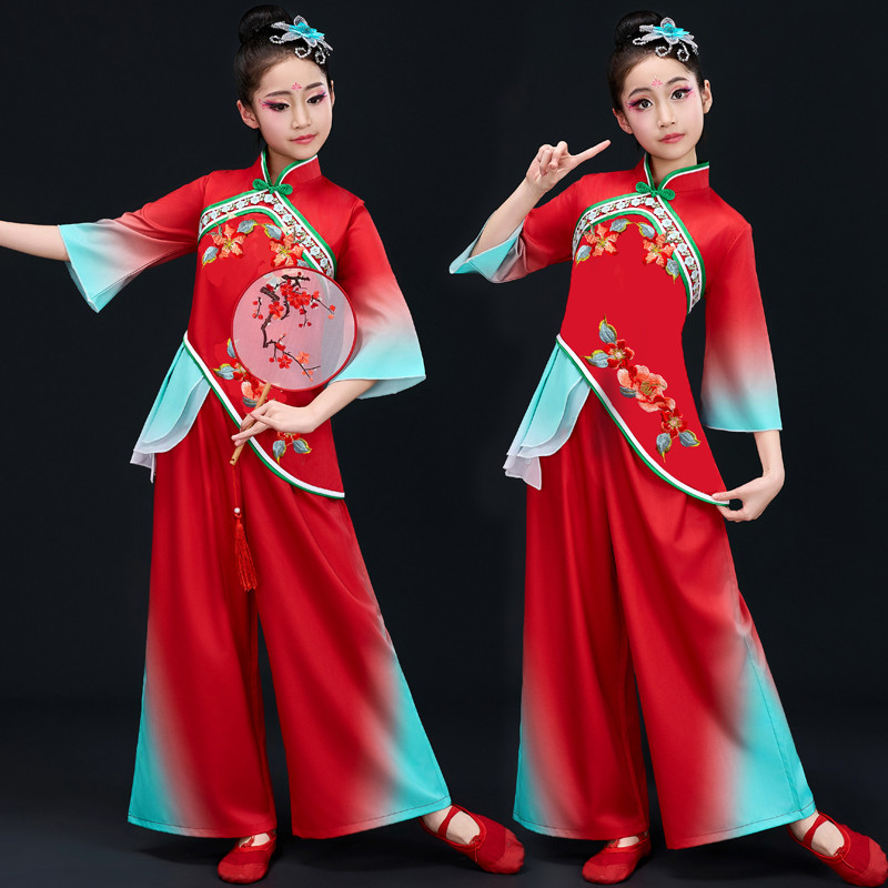 儿童古典秧歌服红色喜庆演出服民族扇子舞打鼓服幼儿手绢舞蹈服装