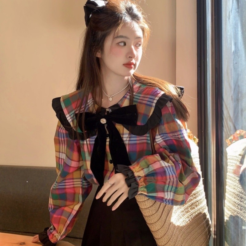 大码女装韩系学院风立体蝴蝶结娃娃领彩色格子衬衫女秋季宽松上衣