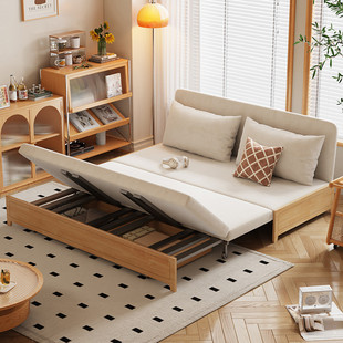 木宫匠家居实木可折叠伸缩沙发床奶油风小户型客厅直排两用沙发床