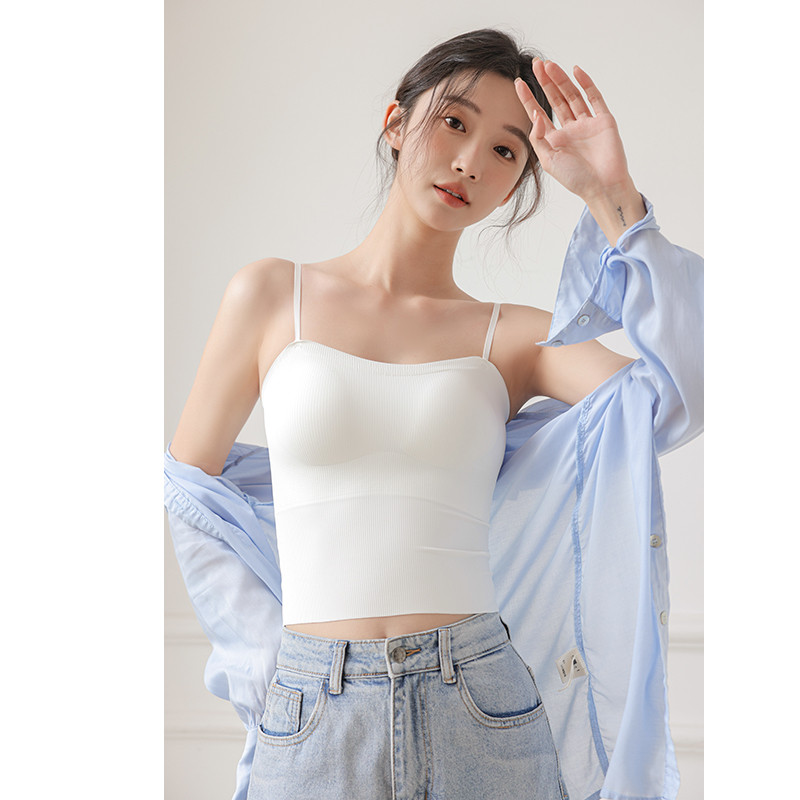 新品白色冰丝美背无痕小吊带背心女夏短款带胸垫内搭打底抹胸内衣