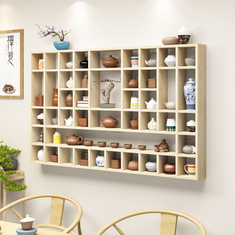 定制实木格子架多宝格中式茶壶陶艺茶饼展示架创意铺壁挂