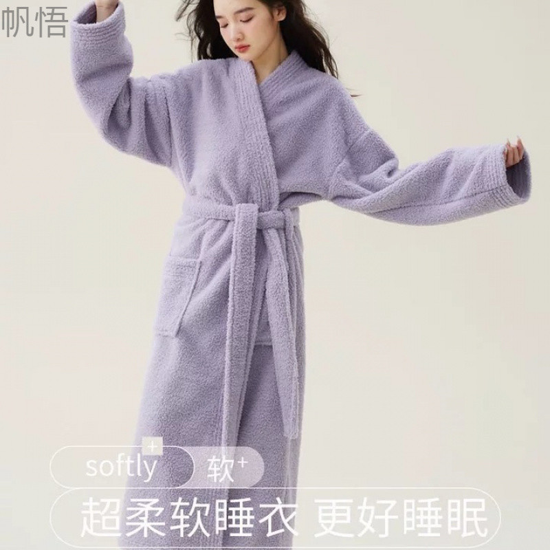 秋冬新款加厚米粒珊瑚绒浴袍柔软男女加长款情侣保暖睡袍不易掉毛