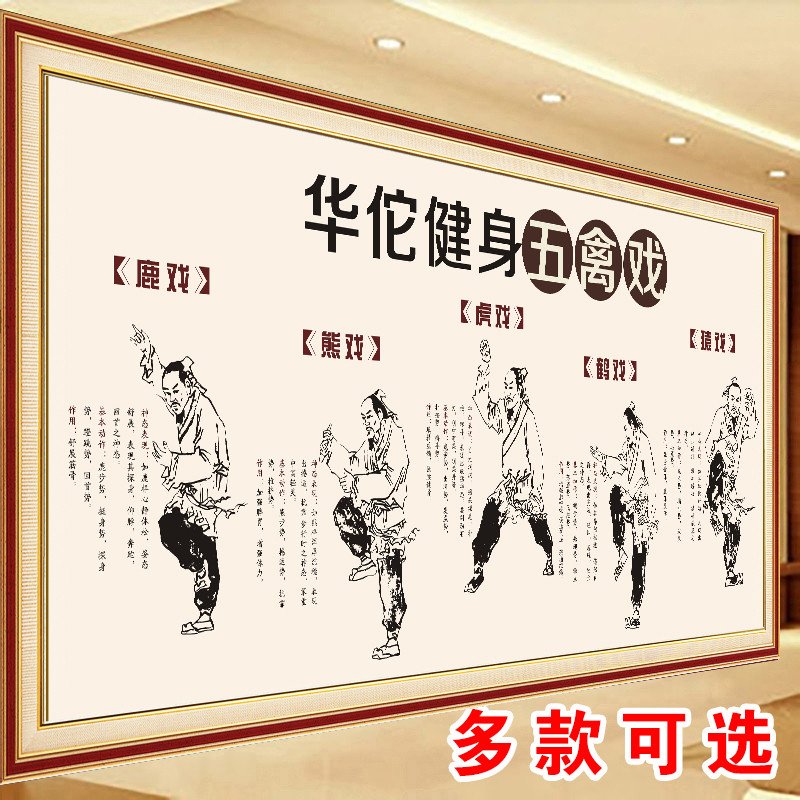 华佗健身五禽戏海报中医养生功法介绍贴纸养生馆理疗店活动中心画