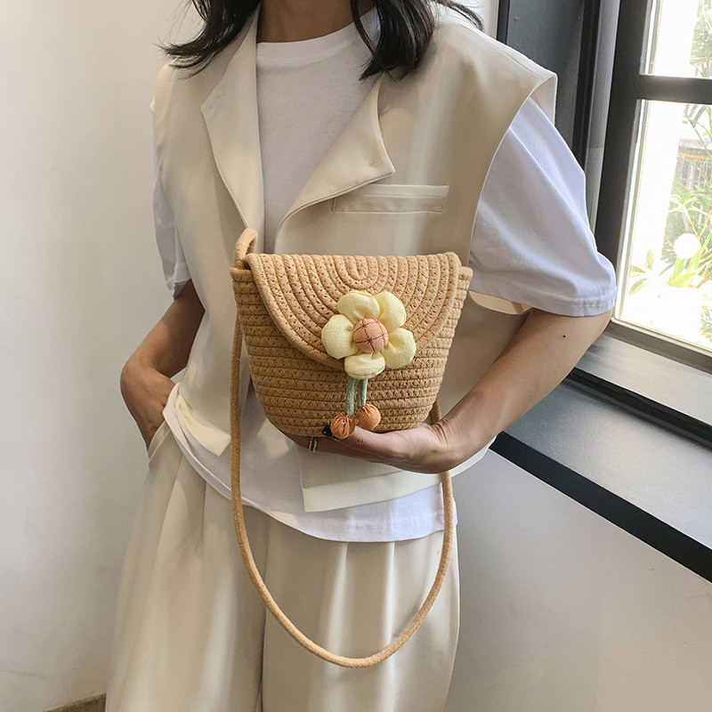 2023夏季新款编织包复古ins风简约时尚单肩包花朵休闲通勤斜挎包