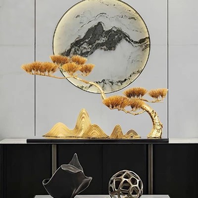 新中式金属迎客松摆件玄关桌面铁艺松树雕塑酒店前台售楼处招财树