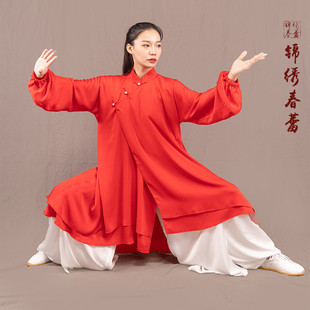 新款马蕾太极服女士男款偏襟武术练功服休闲表演太极服双层表演服