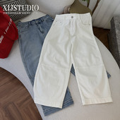 夏季 大码 薄款 汐家女裤 拼接九分牛仔阔腿裤 裤 遮肉宽松休闲男友裤