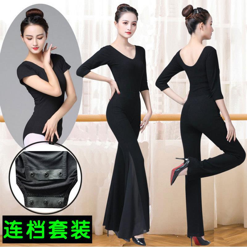 形体训练舞服装舞蹈练功服女黑色连档带暗扣套装表演走秀跳舞