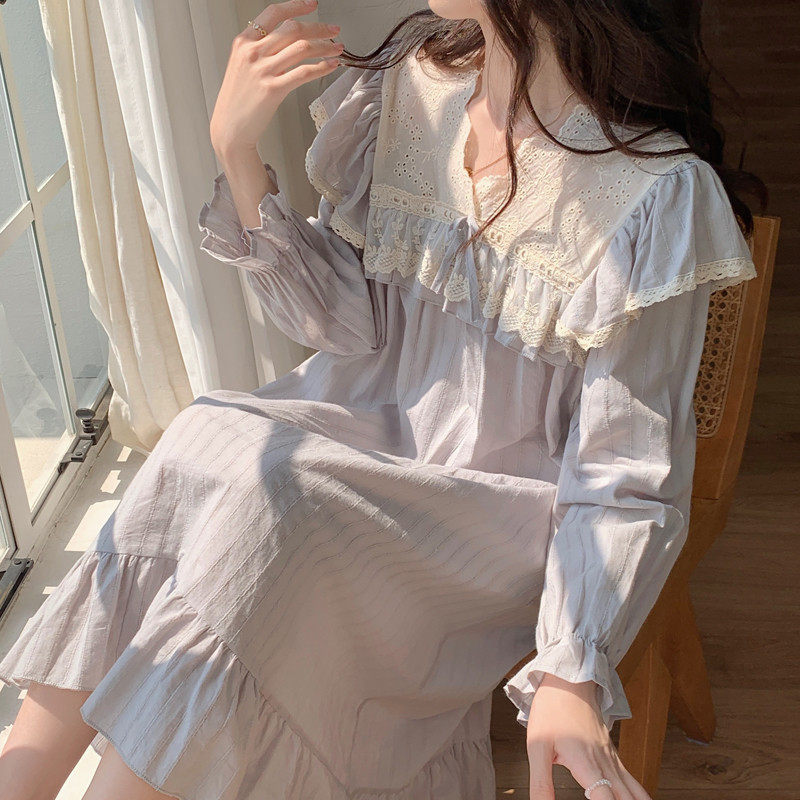 棉麻睡衣女秋季长袖ins风蕾丝睡衣/家居服套装