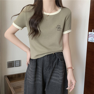 T恤女夏装 短款 显瘦华夫格短袖 新品 修身 2025新款 正肩刺绣半袖 韩版