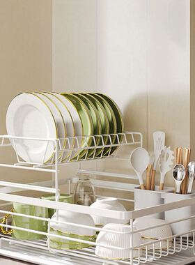 双层白色日式台面家用厨房置物架碗碟架多功能碗架沥水架