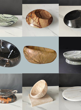 现代新中式侘寂风天然大理石鸟巢收纳碗碟摆件样板间客厅果盘装饰