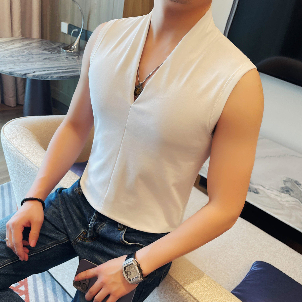 厂家黑色V领无袖背心马甲男士夏季薄款修身纯色T恤潮流百搭健身运