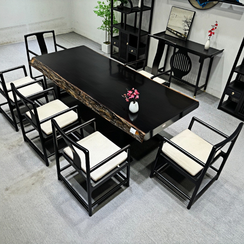 黑金檀实木大板奥坎原木茶桌套装整套茶台画案老板办公桌餐桌